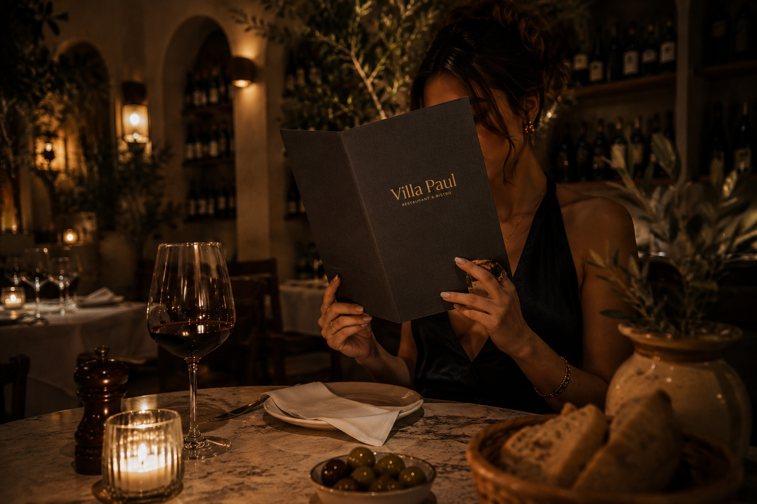 Gast im Villa Paul bei Kerzenlicht, die Speisekarte studierend